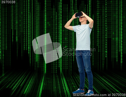 Image of happy man in virtual reality headset or 3d glasses