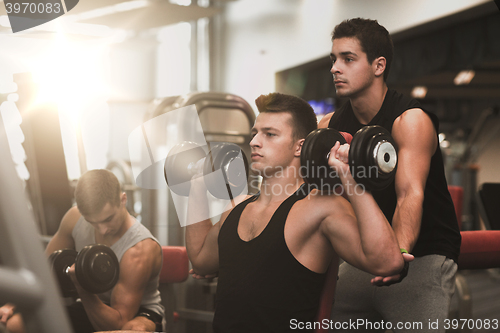 Image of group of men with dumbbells in gym