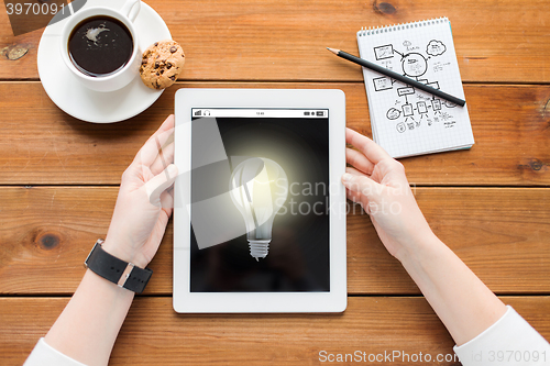 Image of close up of woman with tablet pc on wooden table