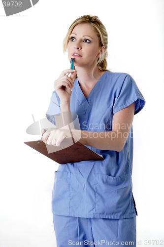Image of Nurse with clipboard thinking