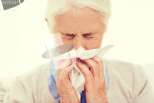 Image of sick senior woman blowing nose to paper napkin