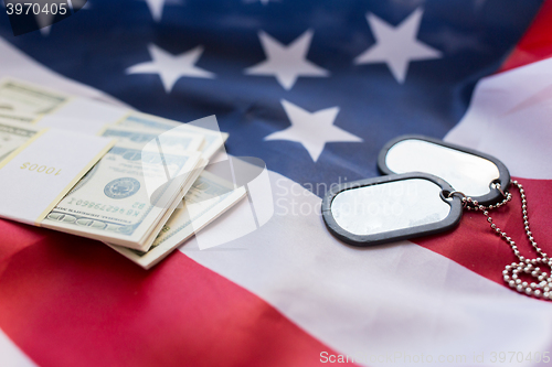 Image of american flag, dollar money and military badges