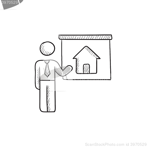 Image of Real estate agent showing house sketch icon.