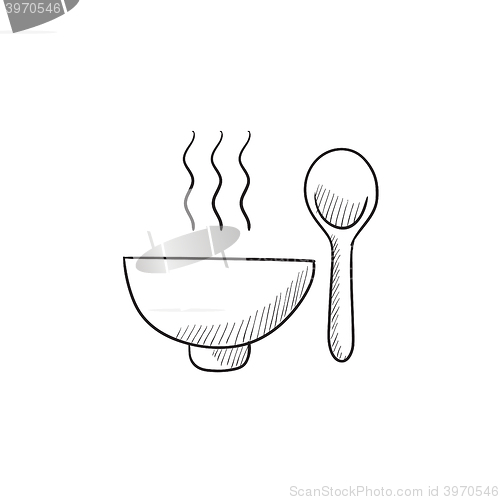 Image of Bowl of hot soup with spoon sketch icon.