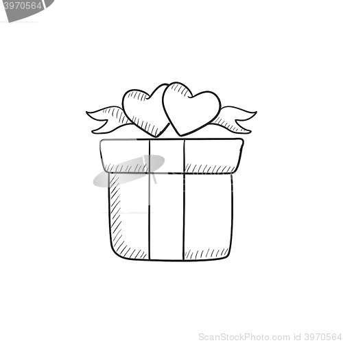 Image of Gift box with hearts sketch icon.