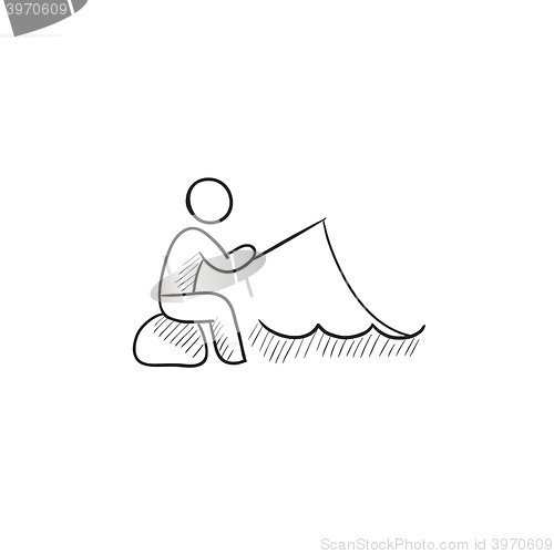 Image of Fisherman sitting with rod sketch icon.