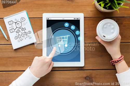 Image of close up of woman with tablet pc on wooden table