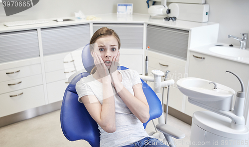 Image of scared and terrified patient girl at dental clinic