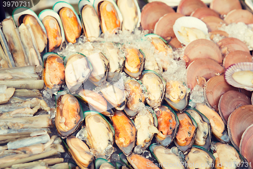 Image of oysters or seafood on ice at asian street market