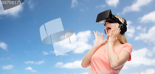 Image of woman in virtual reality headset or 3d glasses