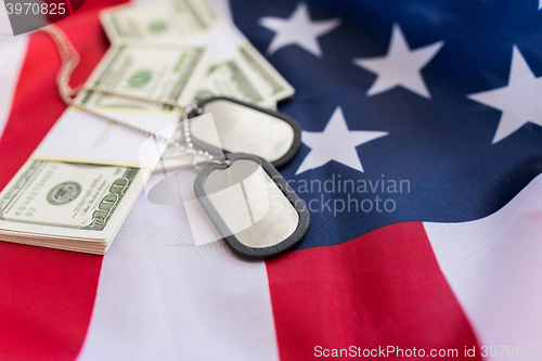 Image of american flag, dollar money and military badges