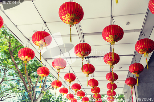 Image of ceiling decorated with hanging chinese lanterns