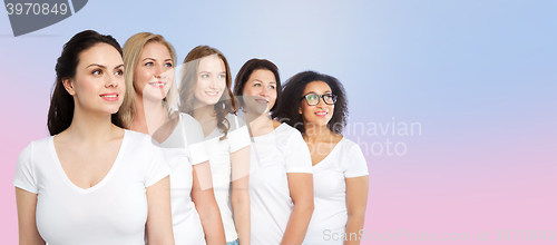 Image of group of happy different women in white t-shirts