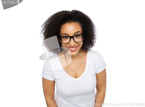 Image of happy african woman or student girl in eyeglasses