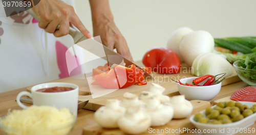 Image of Woman preparing dinner chopping fresh ingredients