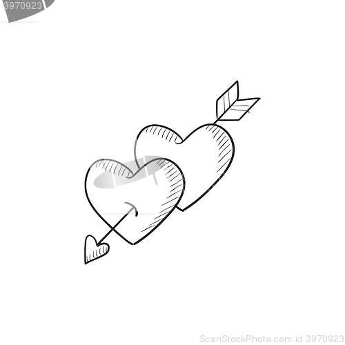 Image of Two hearts pierced with arrow sketch icon.