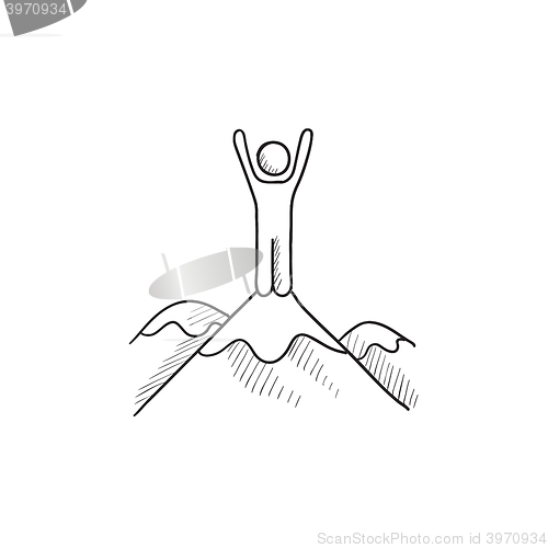 Image of Man standing on top of mountain sketch icon.