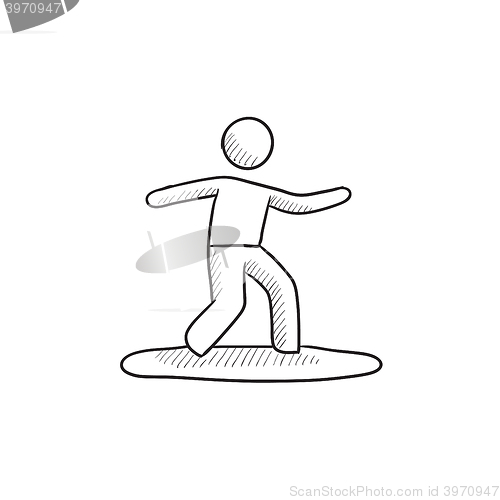 Image of Male surfer riding on surfboard sketch icon.