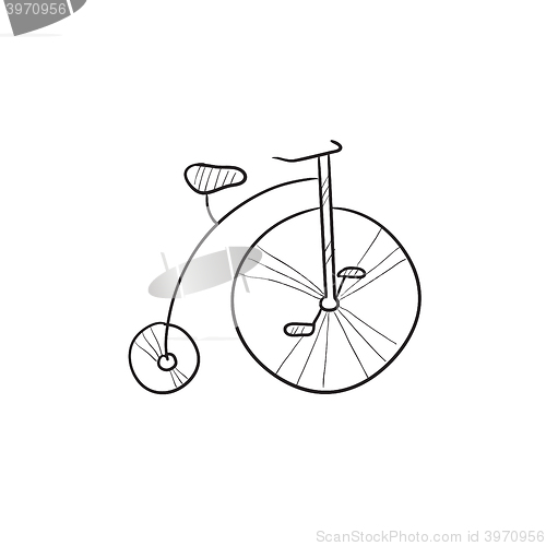 Image of Old bicycle with big wheel sketch icon.