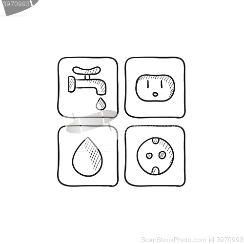 Image of Utilities signs electricity and water sketch icon.
