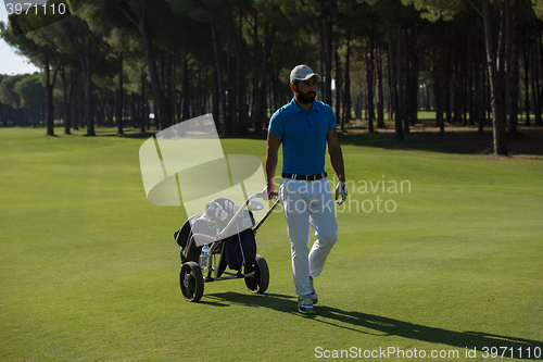 Image of golf player walking with wheel bag