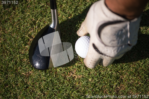 Image of golf club and ball in grass