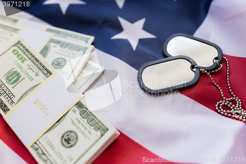 Image of american flag, dollar money and military badges