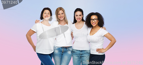 Image of group of happy different women in white t-shirts