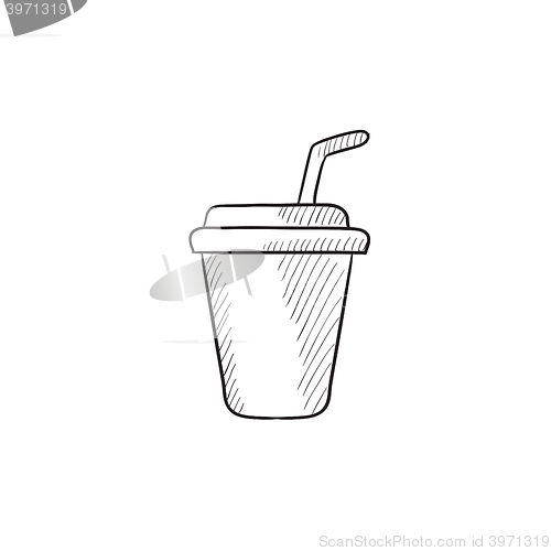 Image of Disposable cup with drinking straw sketch icon.