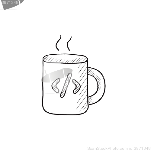 Image of Cup of coffee with code sign sketch icon.