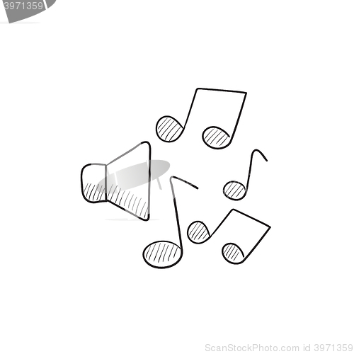 Image of Loudspeakers with music notes sketch icon.