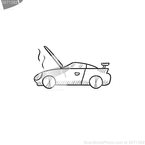 Image of Broken car with open hood sketch icon.