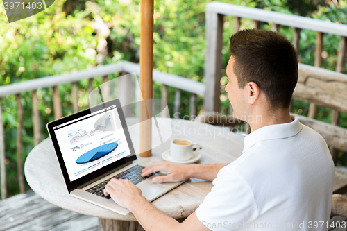 Image of close up of businessman with laptop on terrace