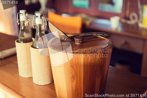 Image of kitchenware on table at hotel room