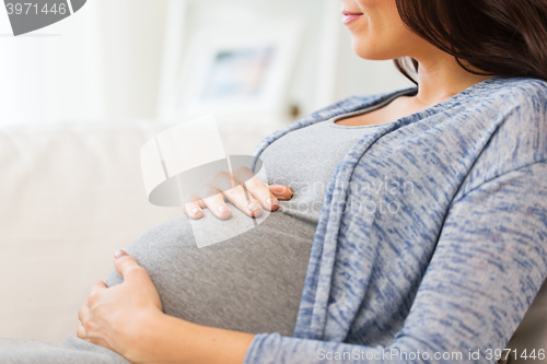 Image of close up of happy pregnant woman at home