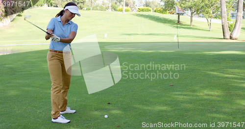 Image of Woman golfer about to play a stroke on the green