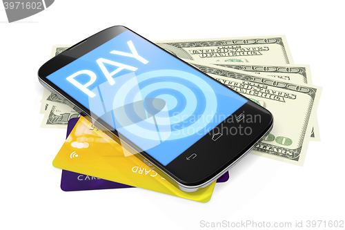 Image of smartphone, dollar notes and credit cards for mobile payment