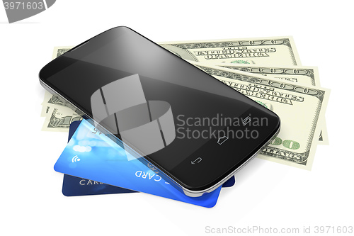 Image of smartphone, dollar notes and credit cards for mobile payment