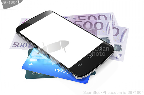 Image of smartphone, euro notes and credit cards for mobile payment