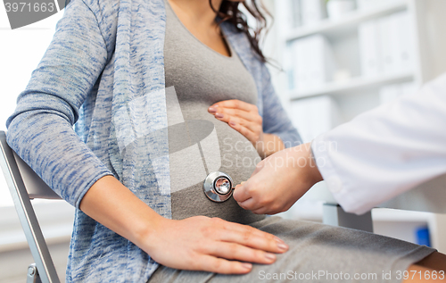 Image of doctor with stethoscope and pregnant woman belly