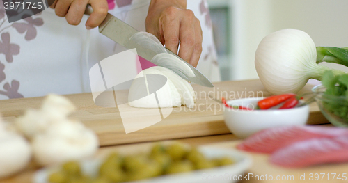Image of Close up on hands Cutting fresh onion