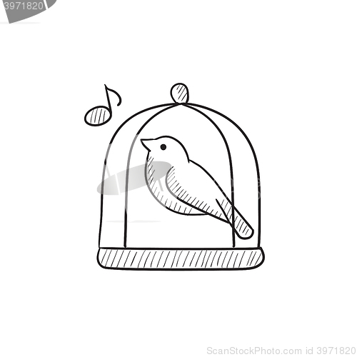 Image of Bird singing in cage sketch icon.