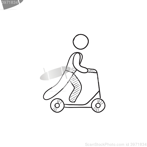 Image of Man riding kick scooter sketch icon.