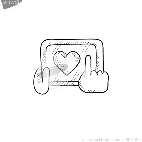 Image of Hands holding tablet with heart sign sketch icon.