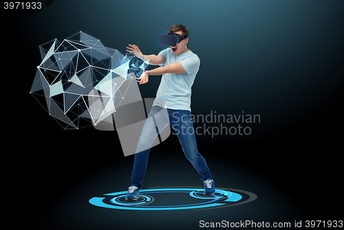 Image of happy man in virtual reality headset or 3d glasses