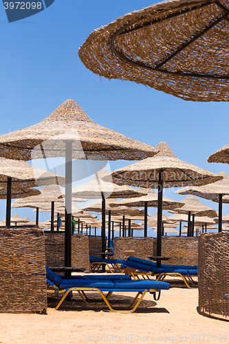 Image of Beach umbrellas and blue sky background
