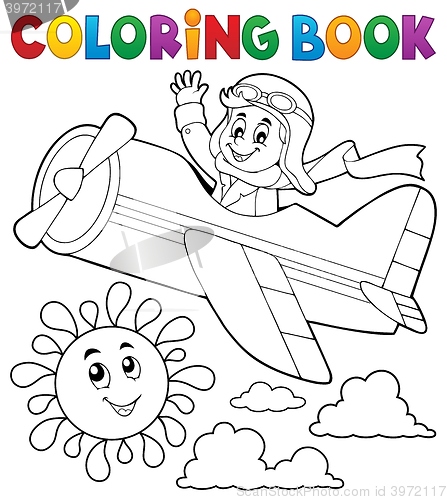 Image of Coloring book pilot in retro airplane