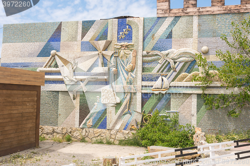 Image of Big Utrish, Russia - May 17, 2016: Stylized wall mosaic with the words \"Big Utrish\" at the entrance to the Cape resort village on the outskirts of Big Utrish Anapa