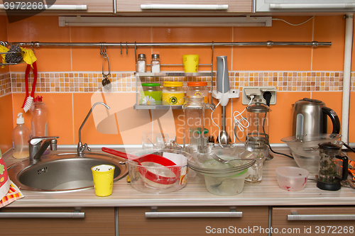 Image of A pile of dirty dishes in the kitchen