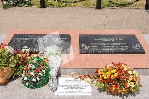 Image of Big Utrish, Russia - May 17, 2016: Commemorative plate of the memorial complex on the island of Utrish, on the site of a mass grave sailors warship \"Fabricius\" and academic \"Dnepr\" vessel died in 